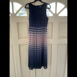 Shades of blue, purple, pink midi dress.